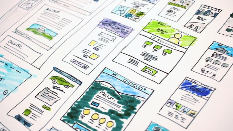 sketch of website pages with content layout and images